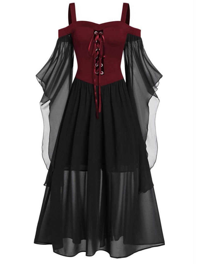 Robe à bretelles rouge manches transparentes Halloween des années 1950