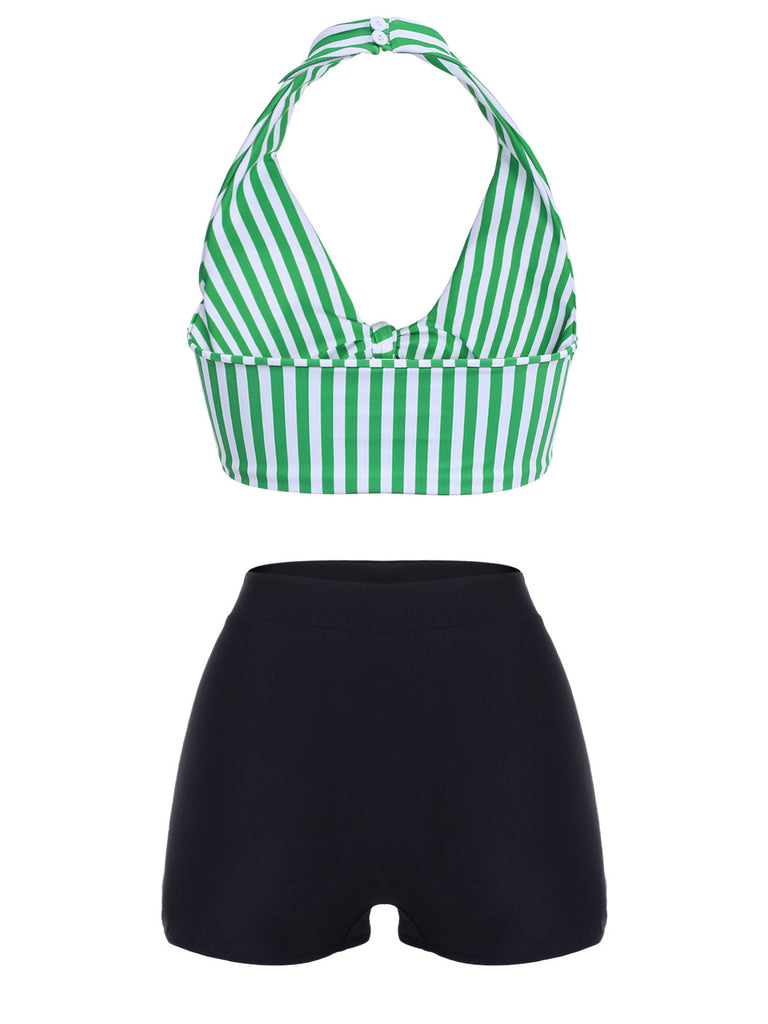 Ensemble de bikini vert à rayures dos nu rétro