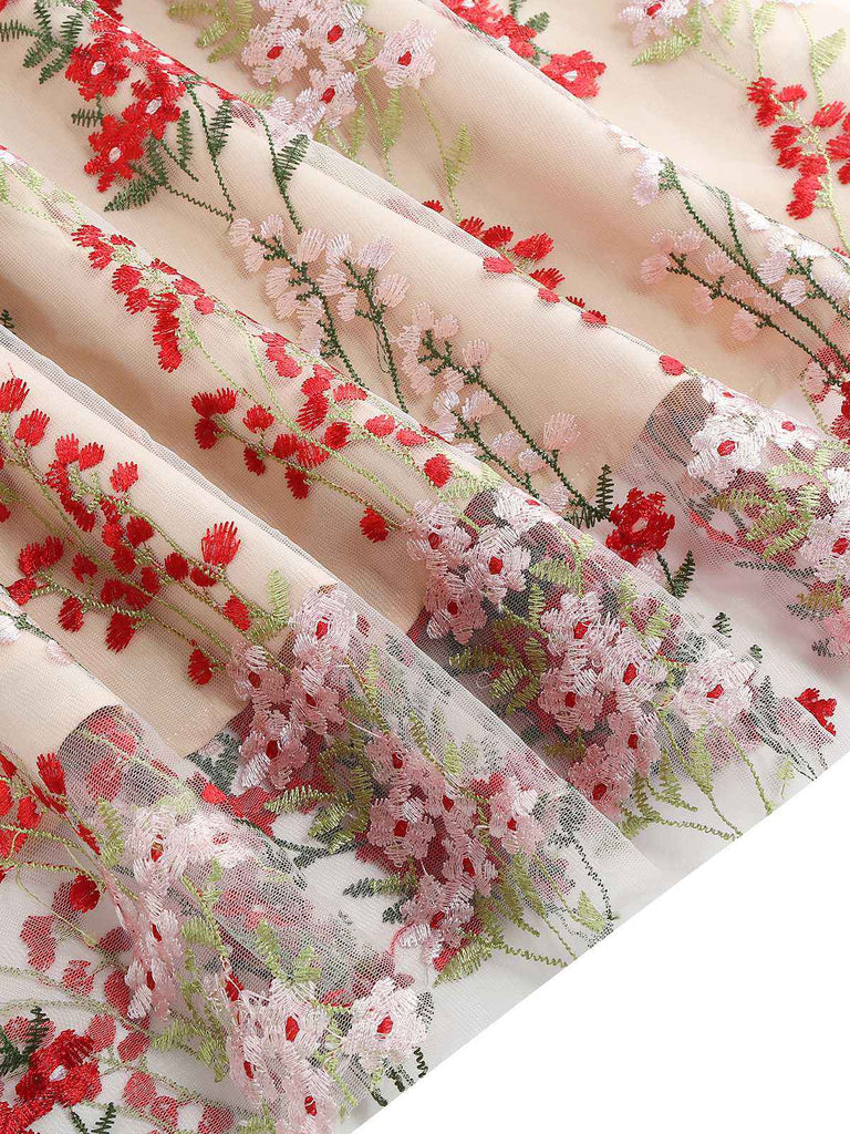 1950s Embroidered Floral V-Neck Swing Dress