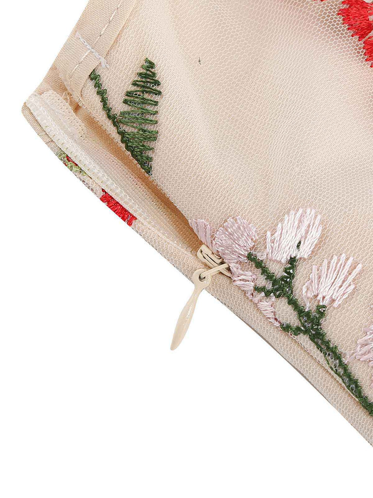 1950s Embroidered Floral V-Neck Swing Dress