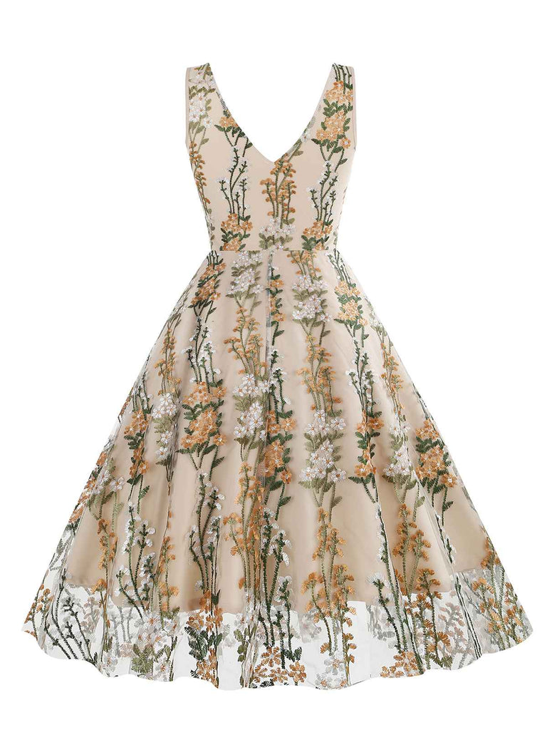 1950s Embroidered Floral V-Neck Swing Dress