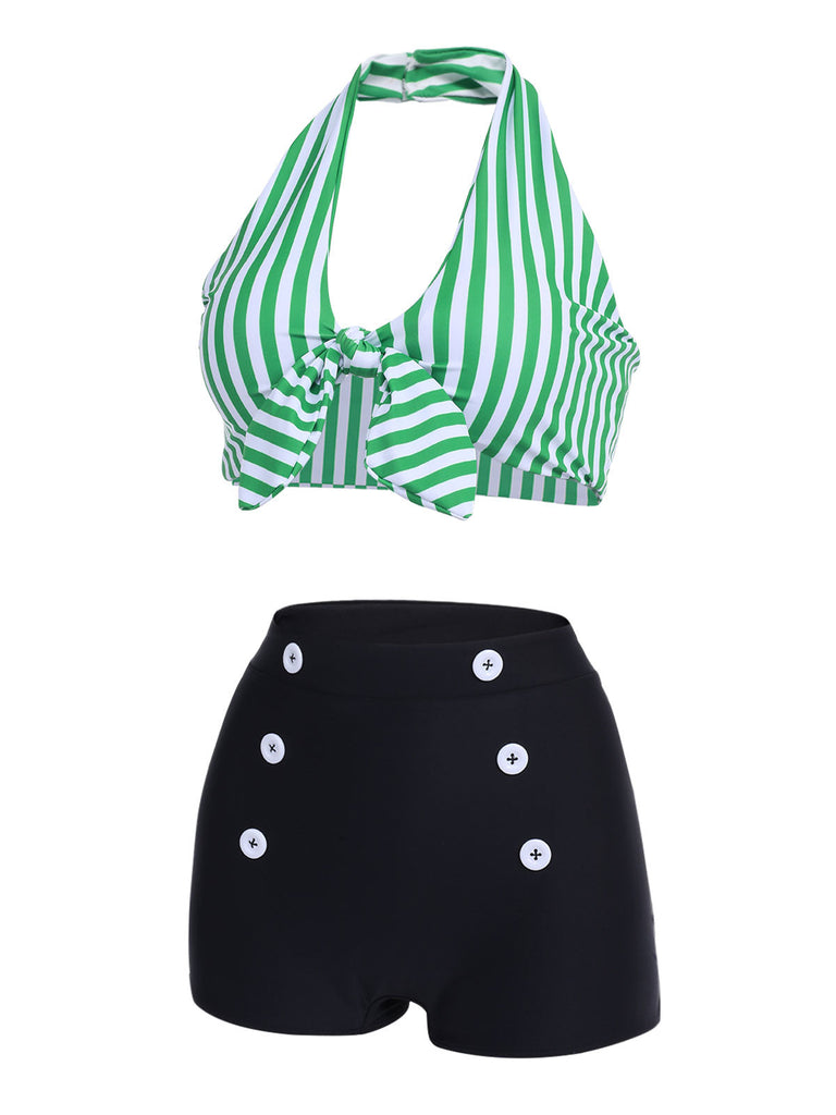 Ensemble de bikini vert à rayures dos nu rétro