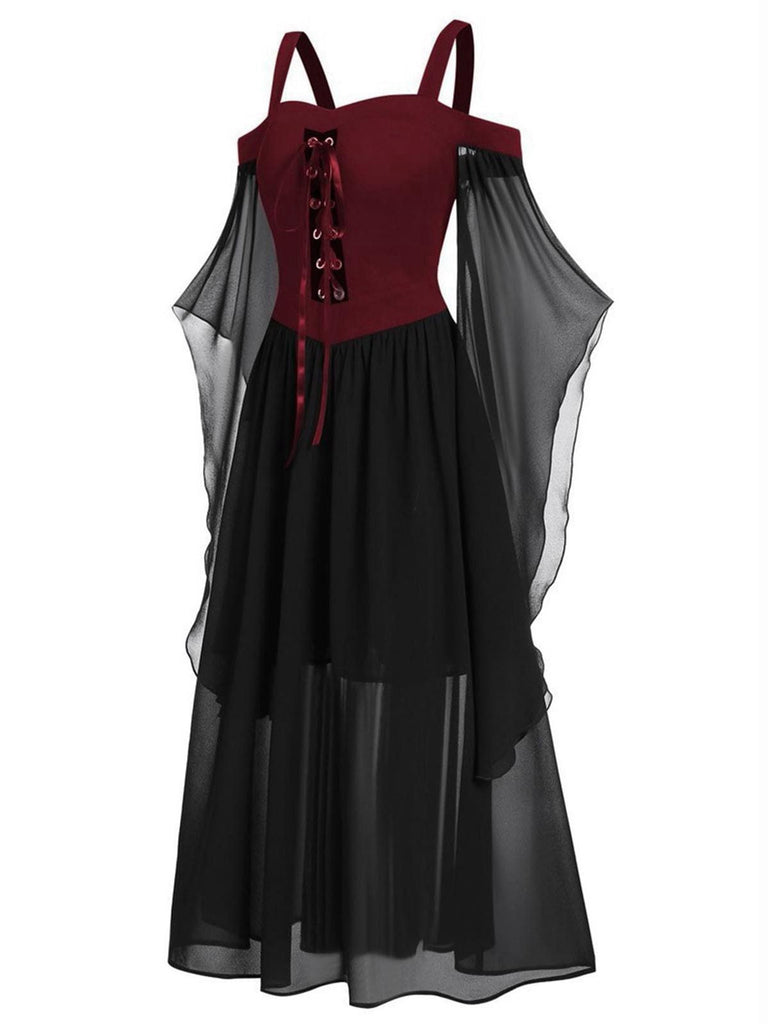 Robe à bretelles rouge manches transparentes Halloween des années 1950