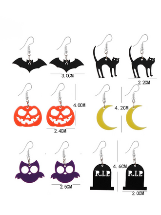 6 Paires Boucles d'Oreilles Chauve-Souris Chat Citrouilles Lune Hibou Fantôme