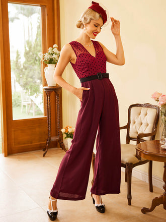 Combinaison Ceinture à Pois Vin Rouge Années 50 Cocktail