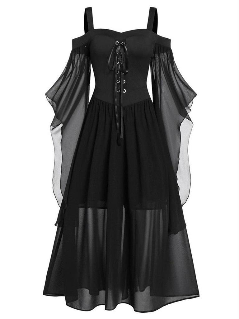 Robe à bretelles rouge manches transparentes Halloween des années 1950