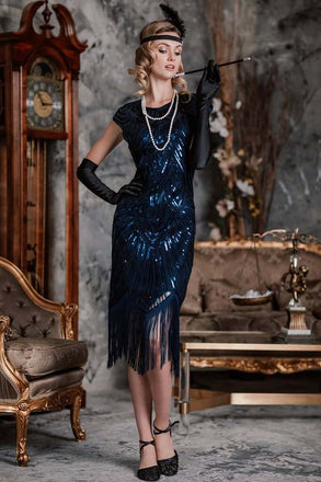 Robe Charleston Vintage Année 20 Gatsby à Franges Paillettes Soirée Cocktail