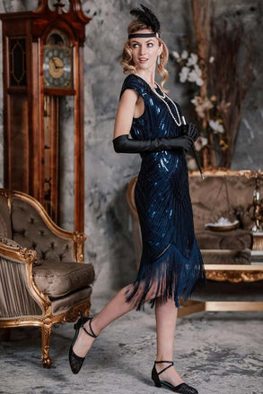 Robe Charleston Vintage Année 20 Gatsby à Franges Paillettes Soirée Cocktail