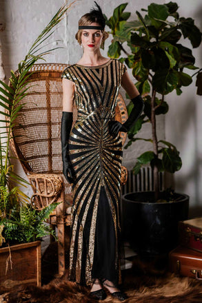 Robe Charleston Vintage Année 20 Gatsby Maxi à Paillettes Déco Nœud Papillon