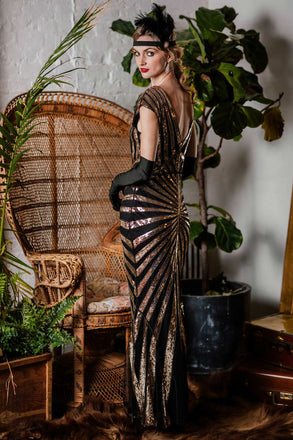 Robe Charleston Vintage Année 20 Gatsby Maxi à Paillettes Déco Nœud Papillon