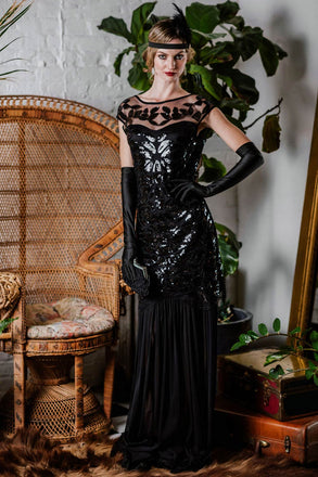 Robe Charleston Vintage Flapper Année 20 Gatsby Maxi à Paillettes Noire Soirée