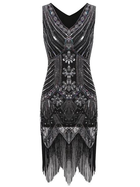 Robe Charleston Soirée Vintage Année 20 Gatsby à Franges Paillettes Chic