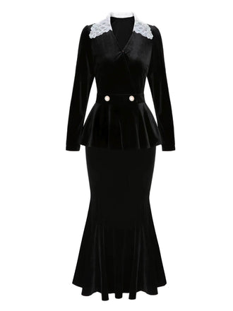 2PCS Haut et jupe sirène en velours et dentelle noir uni des années 1930