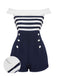 Combishort rayée à épaules dénudées bleu marine 1960s