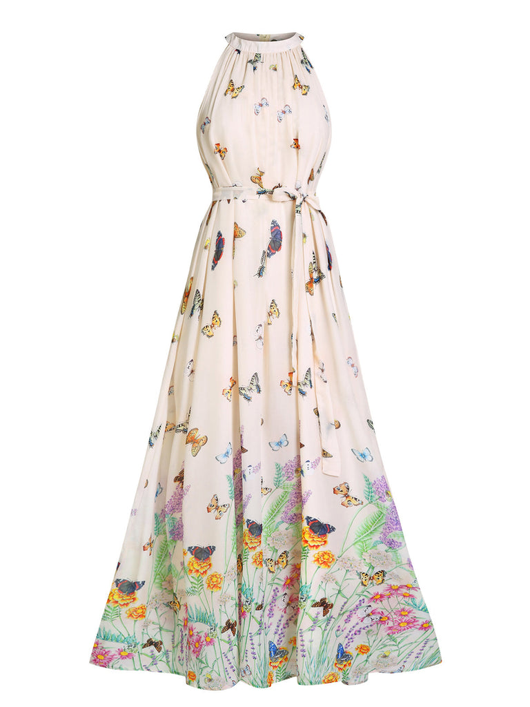 [Prévente] Robe maxi à licou et papillon fleurs Années 1950