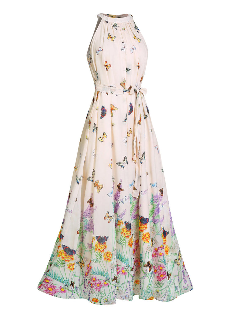 [Prévente] Robe maxi à licou et papillon fleurs Années 1950