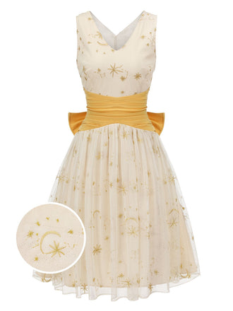 Robe trapèze jaune années 1950 en patchwork de mailles