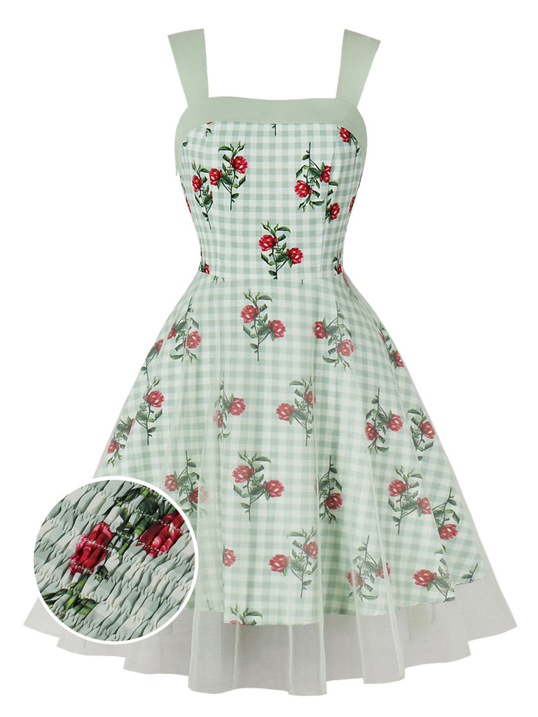 Robe patchwork en maille florale à carreaux verte des années 1950