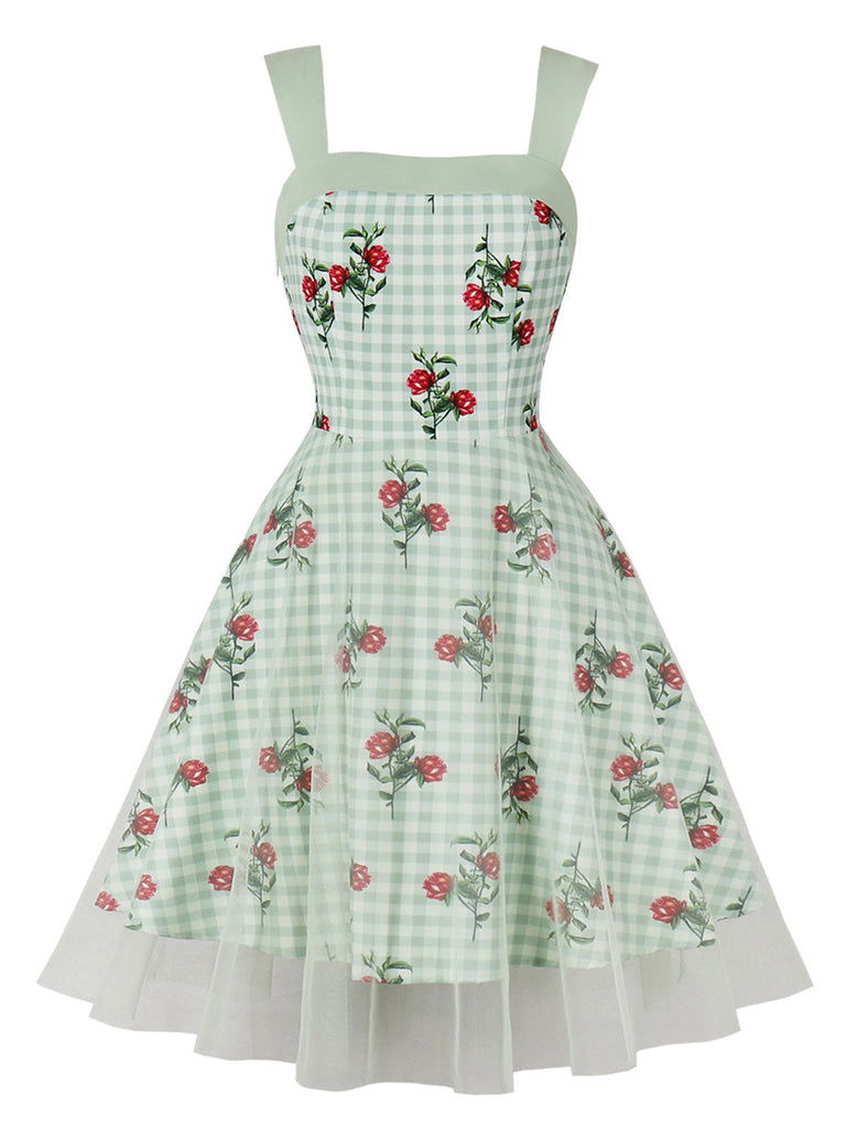 Robe patchwork en maille florale à carreaux verte des années 1950