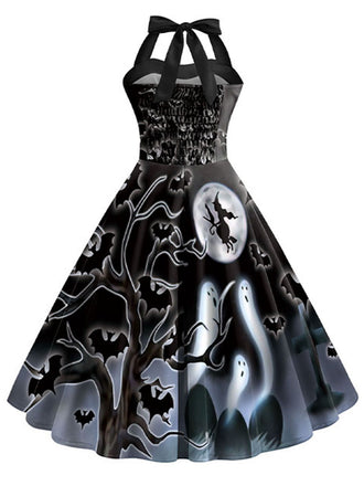Robe trapèze noire Halloween Bat Halter des années 1950