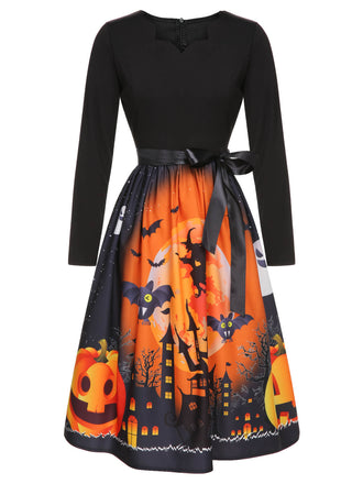 Robe trapèze noire à manches longues d’Halloween des années 1950
