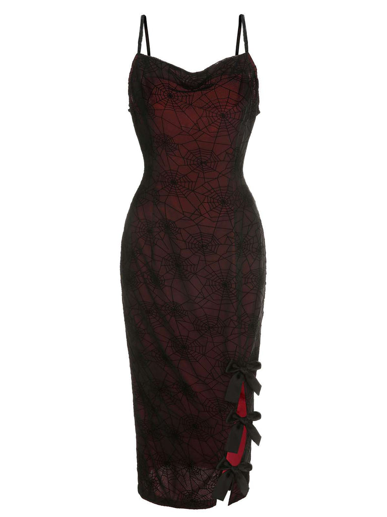 Robe en toile d'araignée d'Halloween rouge foncé des années 1960