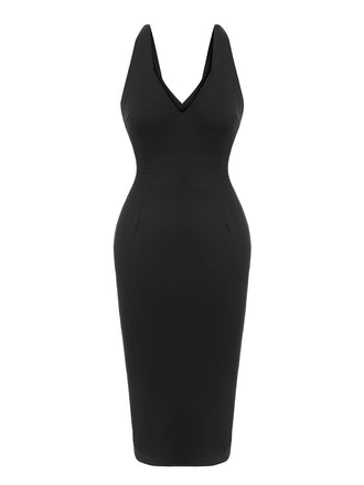 Robe moulante noire unie à col en V des années 1960