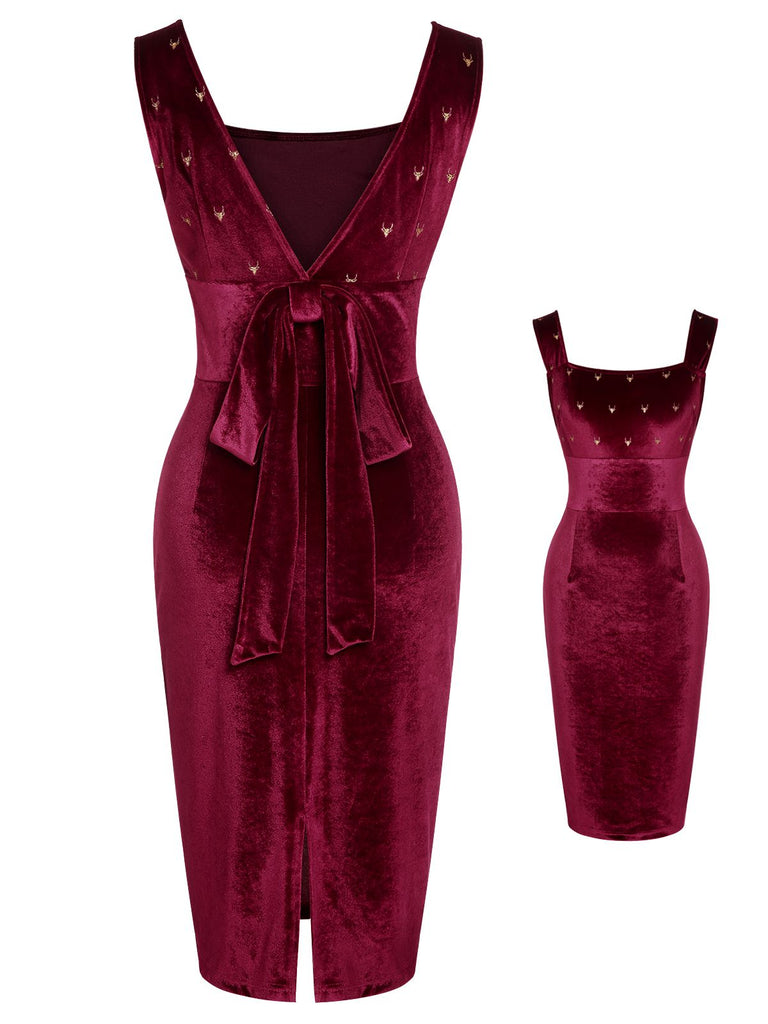 Robe à nœud en velours d'élan des années 1960 rouge vin