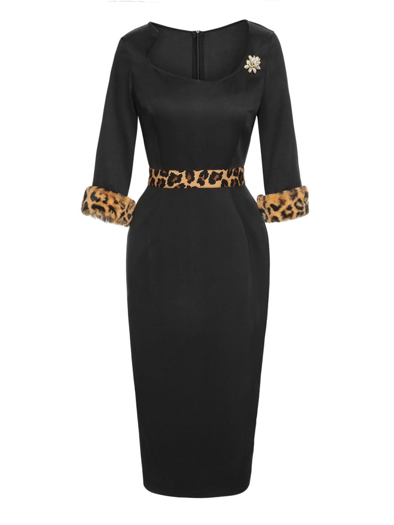 Robe portefeuille asymétrique léopard noire des années 1960 à ourlet brut