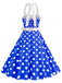 Robe trapèze à ceinture licou à pois bleue des années 1950