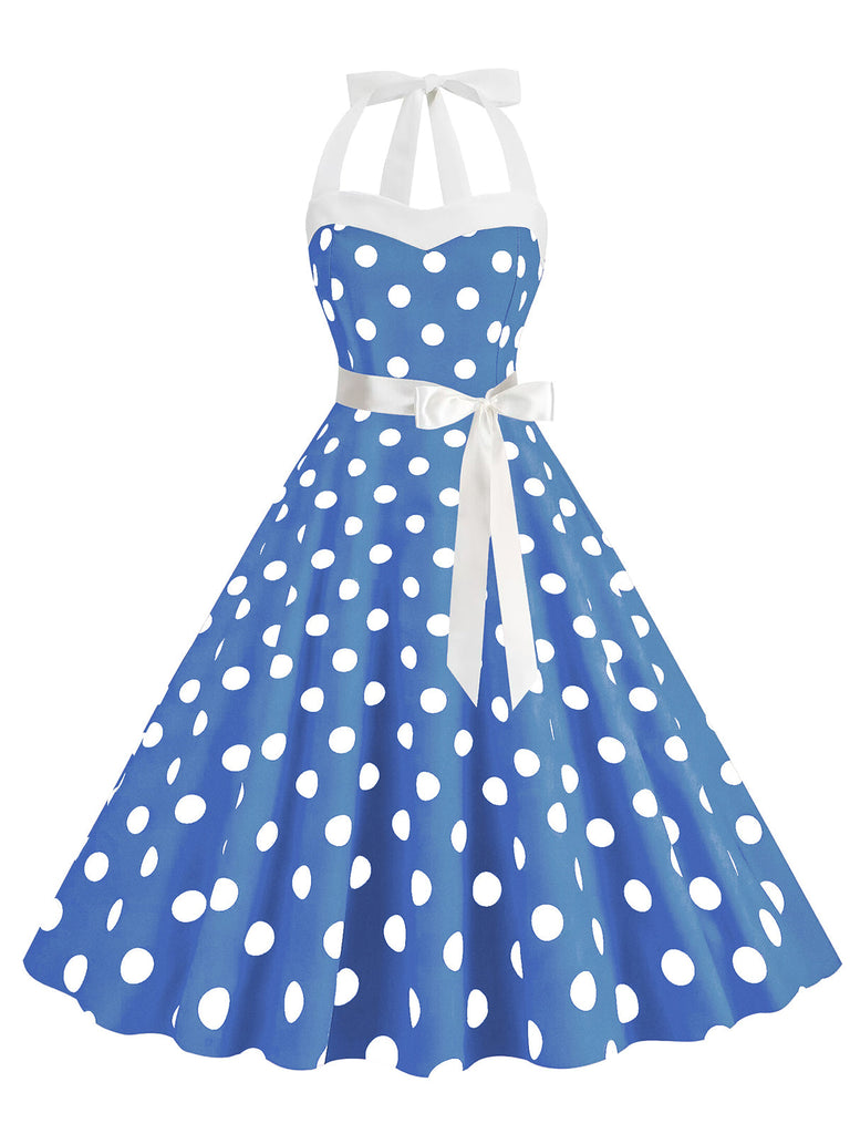 Robe trapèze à ceinture licou à pois bleue des années 1950