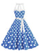 Robe trapèze à ceinture licou à pois bleue des années 1950