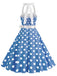 Robe trapèze à ceinture licou à pois bleue des années 1950