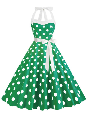 Robe verte trapèze à ceinture licou à pois années 1950
