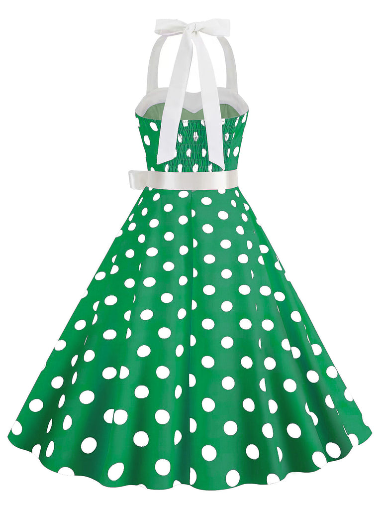 Robe trapèze à ceinture licou à pois bleue des années 1950