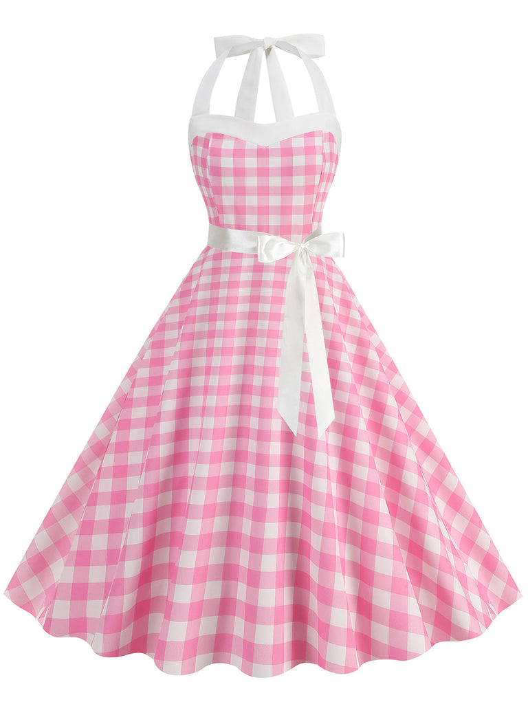 Robe trapèze à ceinture licou à pois bleue des années 1950