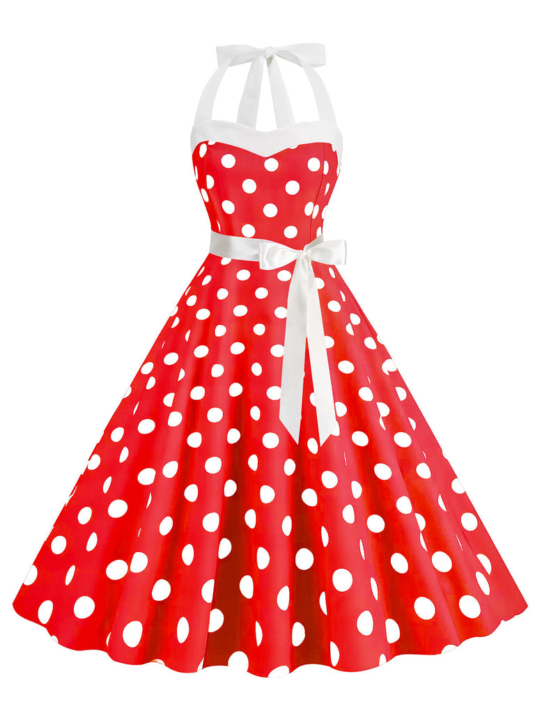 Robe trapèze à ceinture licou à pois bleue des années 1950
