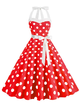 Robe rouge trapèze à ceinture licou à pois années 1950