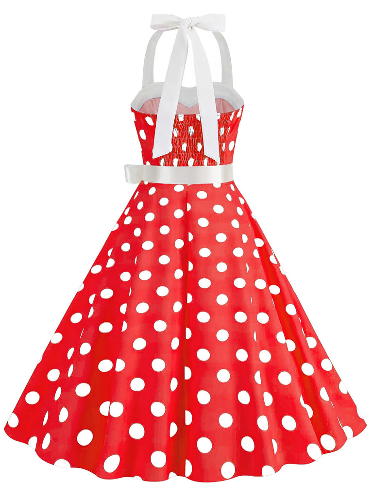 Robe trapèze à ceinture licou à pois bleue des années 1950