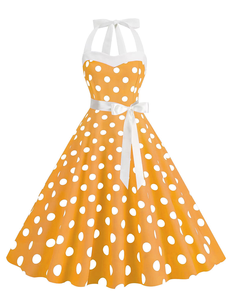 Robe trapèze à ceinture licou à pois bleue des années 1950