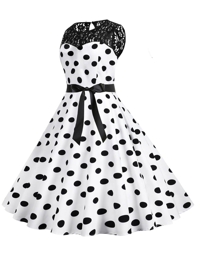 Robe patchwork en dentelle à pois blanc des années 1950