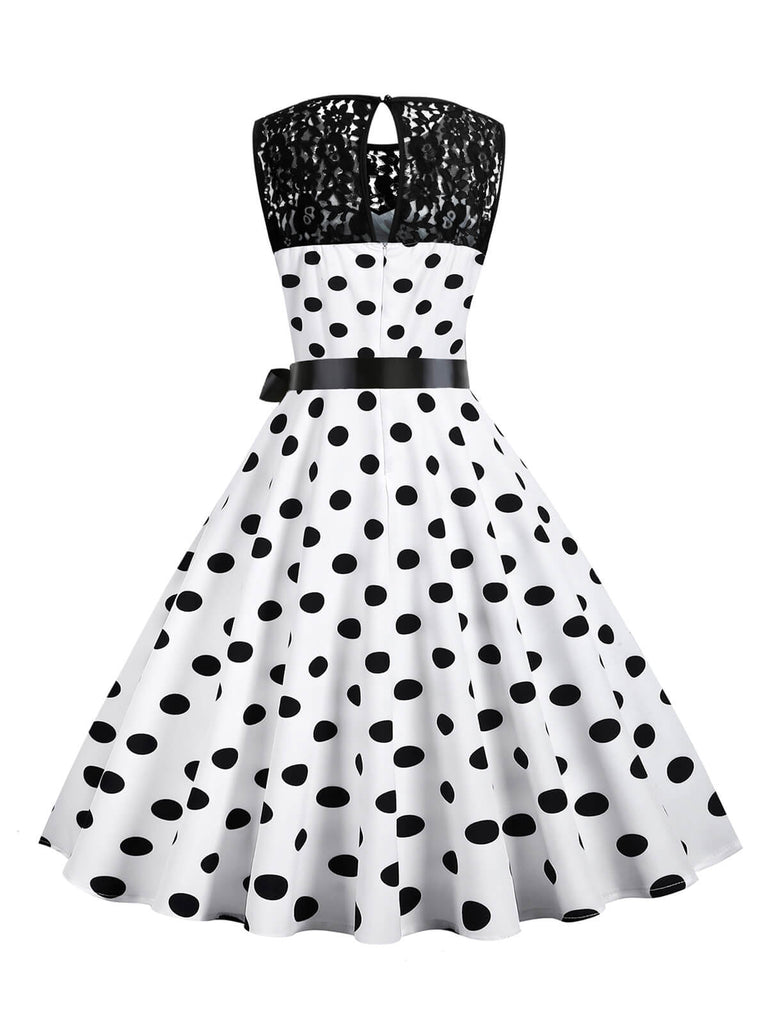 Robe patchwork en dentelle à pois blanc des années 1950