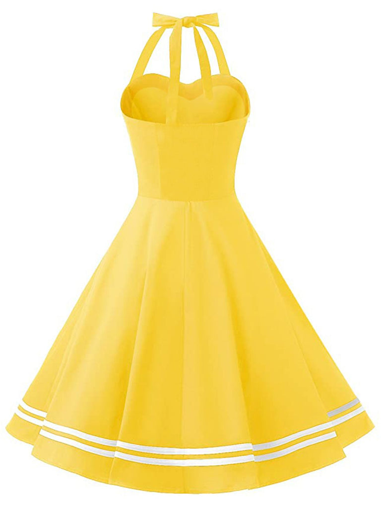 Robe Vintage à Bretelle Années 50 Jaune À Col Licou Chic