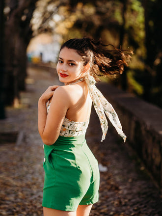 Combishort Vert Vintage Années 50 à Fleur avec Boutons Chic