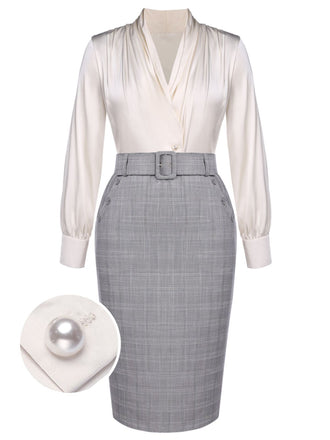 2PC Chemisier Ivoire et Jupe Grise à Carreaux Années 50 Chic et Classe