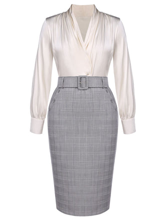 2PC Chemisier Ivoire et Jupe Grise à Carreaux Années 50 Chic et Classe