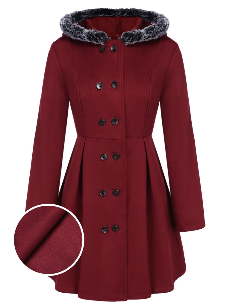 Veste Slim Vintage à Double Boutonnage en Fourrure Synthétique à Capuche Princess