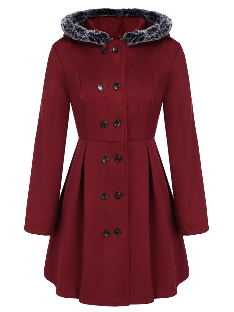 Veste Slim Vintage à Double Boutonnage en Fourrure Synthétique à Capuche Princess