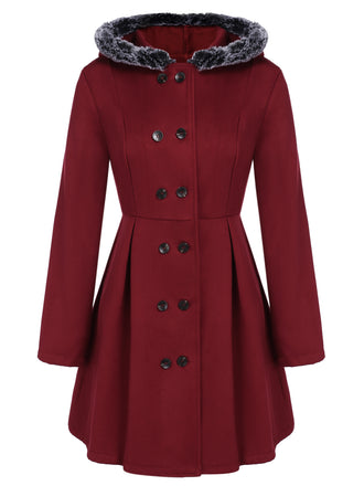 Veste Slim Vintage à Double Boutonnage en Fourrure Synthétique à Capuche Princess