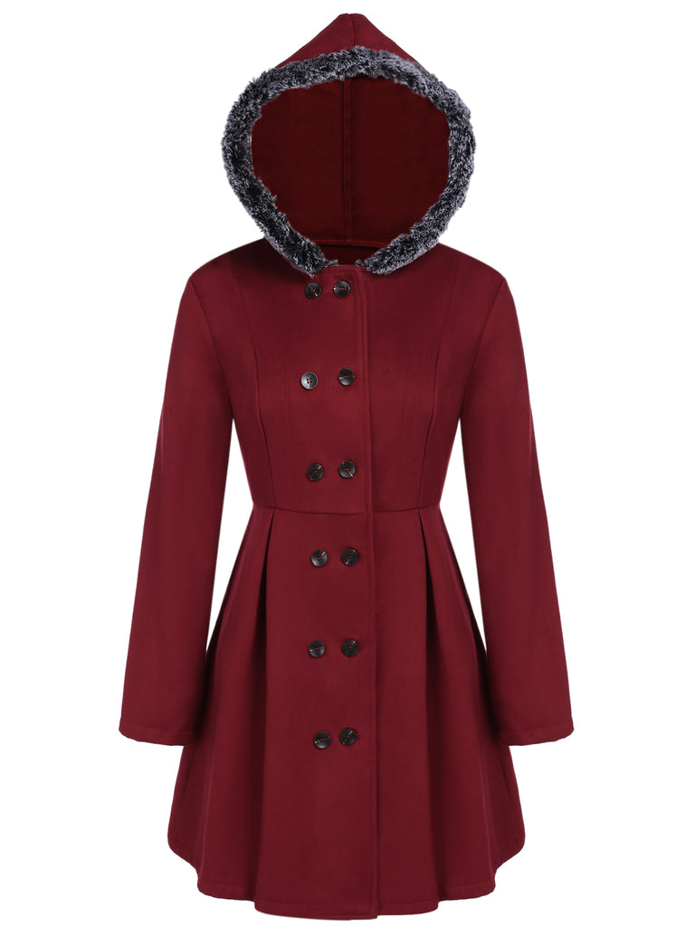 Veste Slim Vintage à Double Boutonnage en Fourrure Synthétique à Capuche Princess